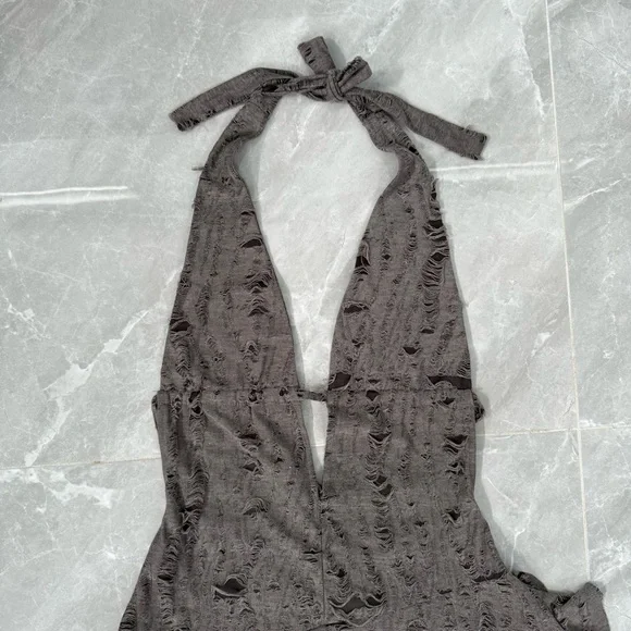 Women’s Edikted Shredded Backless Halter Mini Dress Deep V-Neck Grunge Small - Picture 4 of 16